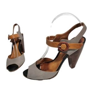 Chie Mihara Gray Tan Leather Colorblock Ankle Strap Cone Heel Sandals Sz 6.5